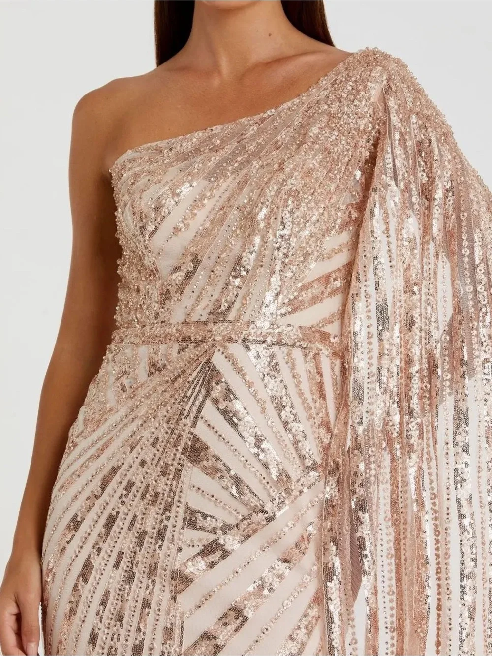 Mac Duggal 20528 Rose Gold One Shoulder Cape Sleeve Embellished Gown Size 14 NWT